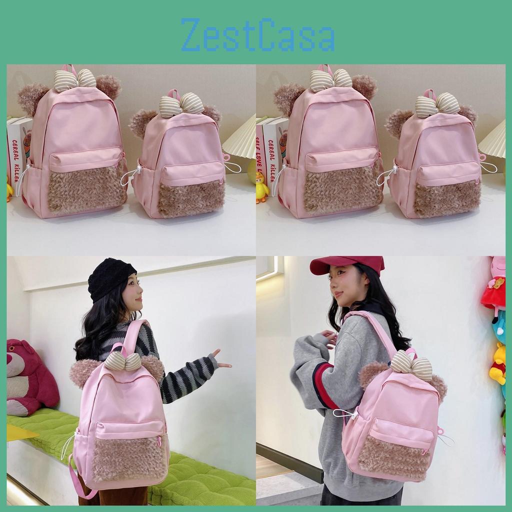 Dog Plush Bowknot Backpack With Zipper Design And Adjustable Strap Shoulder