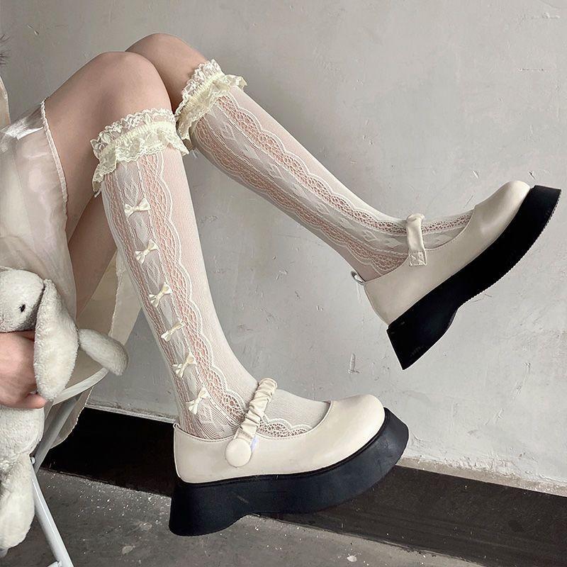 Japanese-style Lace Summer-Autumn Thin Bowknot Knee-High JK Socks with Ruffled Trim