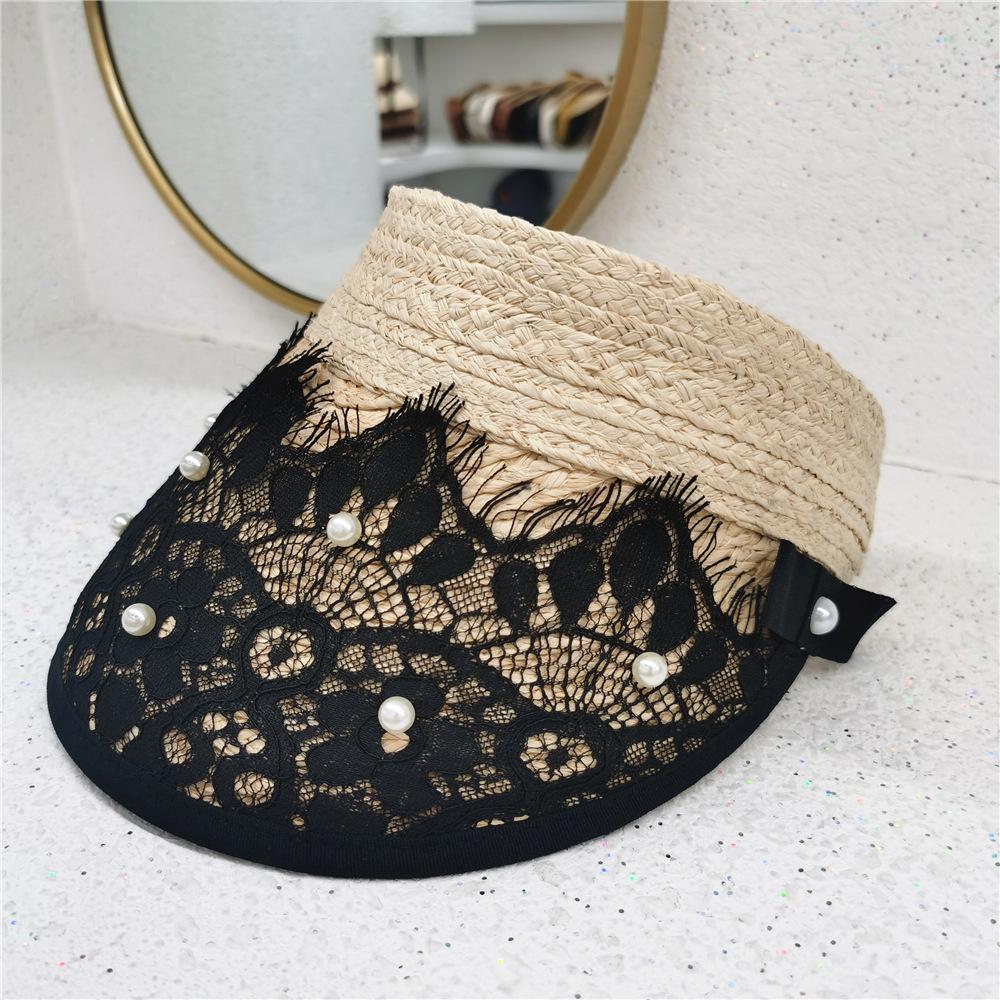Summer Pearl Empty Top Hat Temperament Fashion Lace Sunscreen Hat Travel Beach Vacation Roof Shade Lafite Straw Hat