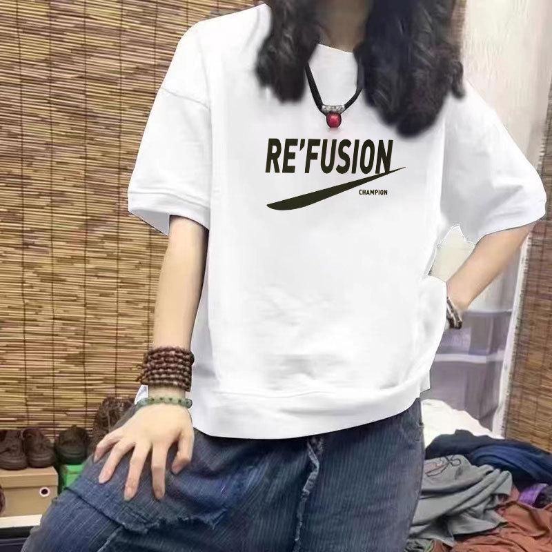 

100% Хлопок Повседневная Женская Свободная Футболка с Полурукавами и Модным Принтом 3XL (160-180 Jin)