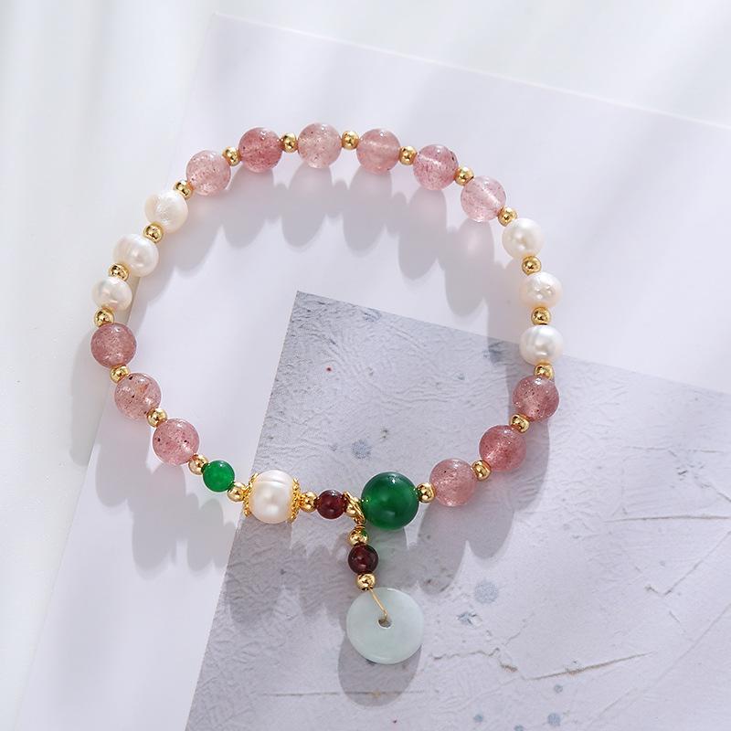 Natural Freshwater Pearl Strawberry Crystal Pendant Bracelet Bangles Women Fashion Jewelry Accessories Gift