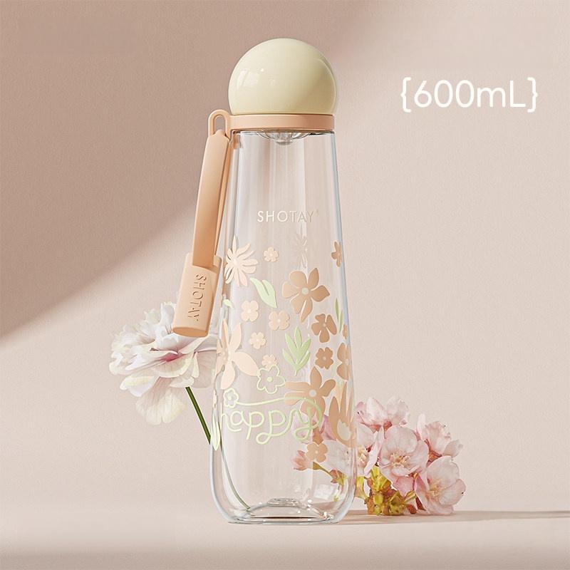 SHOTAY  400/600ml Plastic Water Cup Flower Pattern Water Bottle with Tea Strainer Leak-proof Brew Tea Cup Portable Office Cup