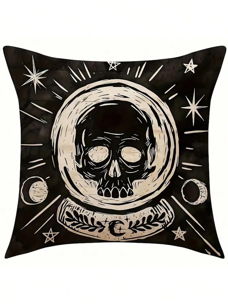 Gothic Tarot Black Cat Skull Pillow Cover, Double Sided Soft Polyester 2D Print Cushion for Sofa Bedroom Living Room Gift