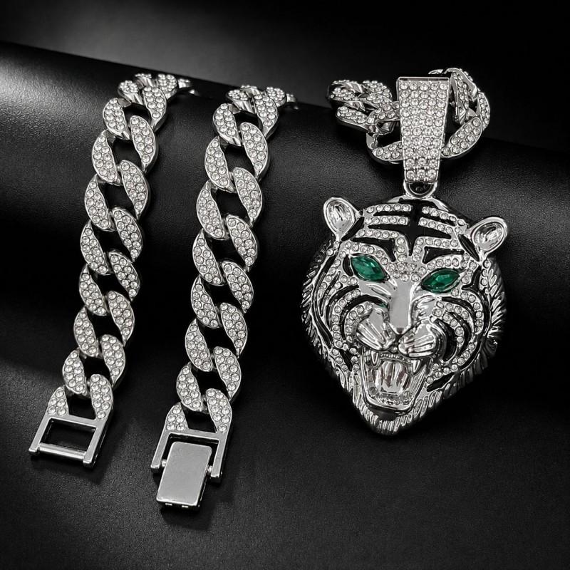 Hip Hop Style Alloy Tiger Pendant With Green Gemstone Eyes Rhinestone Accents Men