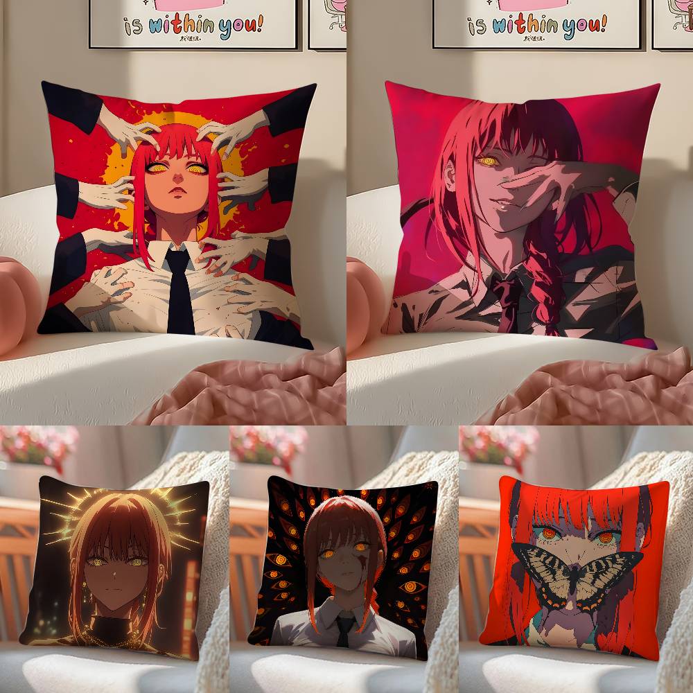 Anime Chainsaw Man Makima-Cartoon Pillow Case Anti-dustmite Pillowcase Invisible Zipper Silky Short Plush Sofa Cushion Cover