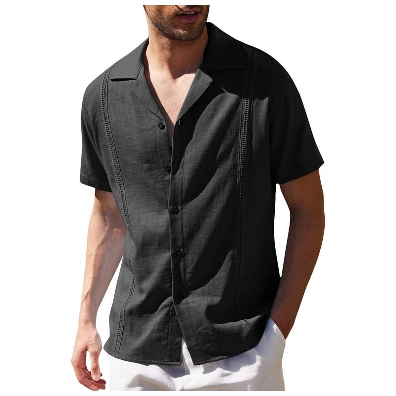 Mens Linen Style Short Sleeve Solid Shirts Casual Fit Formal Dress Top Tee Shirt