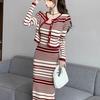 Womens Striped Knit Set: Long Sleeve Cardigan Sleeveless Midi Dress Two-Piece Outfit