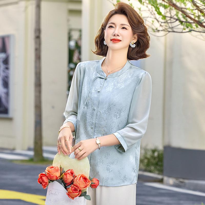 

Elegant Floral 3/4 Sleeve Top for Moms - Chinese Style, Perfect for Spring/Summer 5XL синій