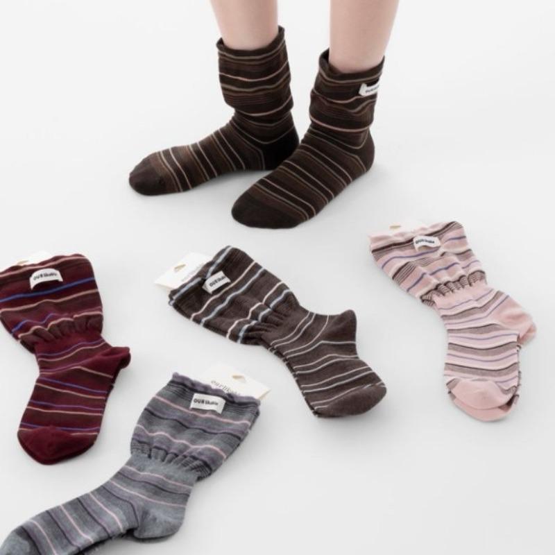 Trendy Color-blocking Striped Autumn and Winter Striped Fabric Label Letter Flared Wide-mouth Thigh-high Socks Slimming Pile Socks