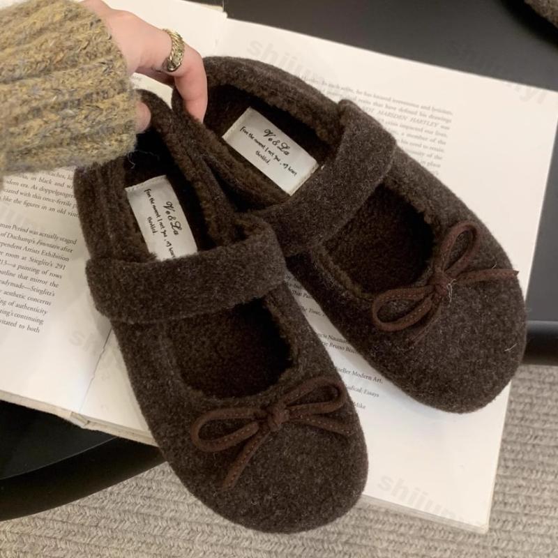 Women's Mary Jane Shoes 2025 Winter New Outdoor Bow Knot Plush Casual Shoes Lightweight Comfort Soft Sole Non Slip Flats