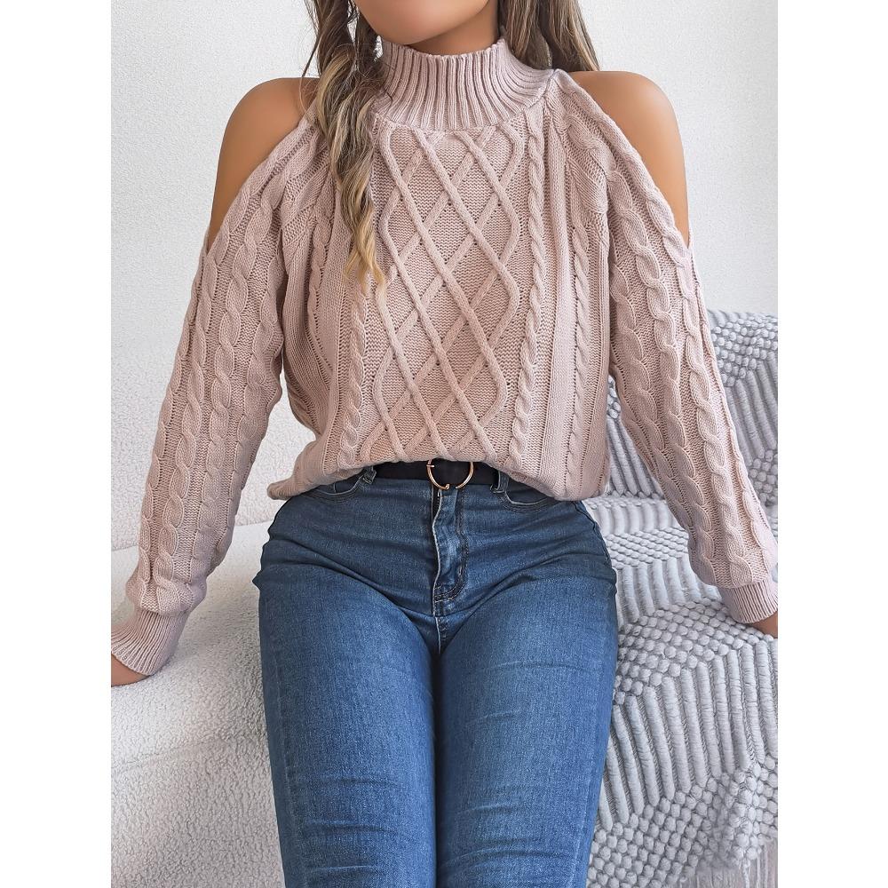 Women's Knitted Sweater Autumn/Winter Top Casual Cable-Knit Off-Shoulder Half-High Neck Long-Sleeved Pullover Women's Wear