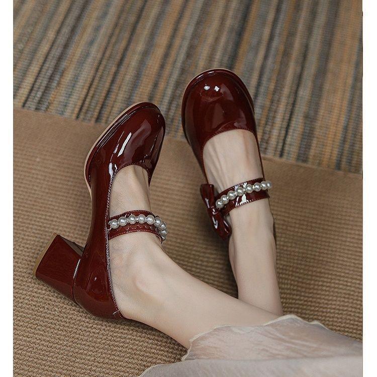 High Heels Women's 2025 Autumn Bow French Temperament Burgundy Evening Pearl Single Shoes Mary Jane Small Leather Shoes
