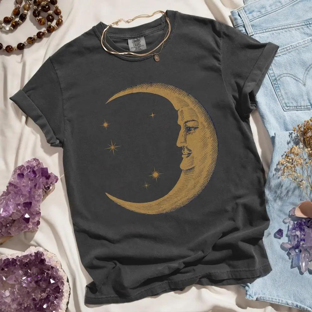 Women Retro Loose Short Sleeve Top Boho Moon Print Shirt Comfort 100 Cotton Crewneck Tshirt Casual Daily Fashion Streetwear