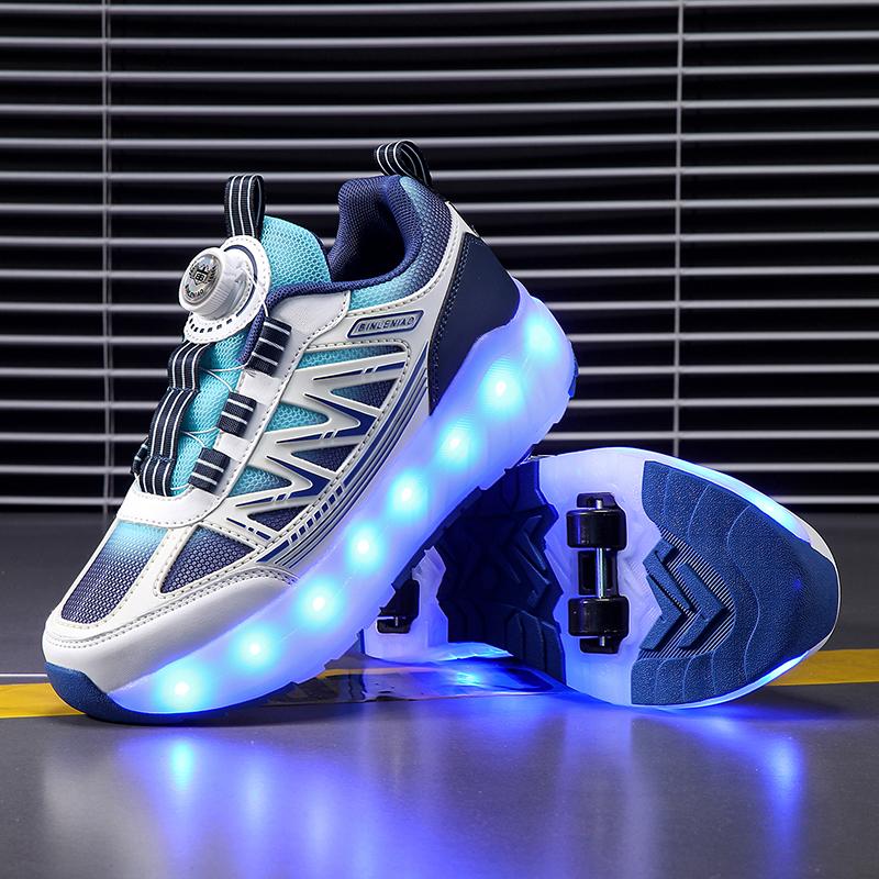 Chaussures de Sport à Lumières pour Enfants Chaussures à Roulettes Chargement et Démontage Chaussures à Roulettes à Quatre Roues LED Baskets Lumineuses pour Enfants