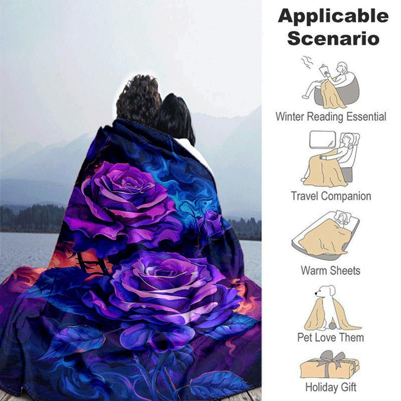 1pc Purple Rose Printing Lightweight Flannel Blanket, Comfortable and Warm Blanket, for Camping Sofa Bed and Couch Office, Gift