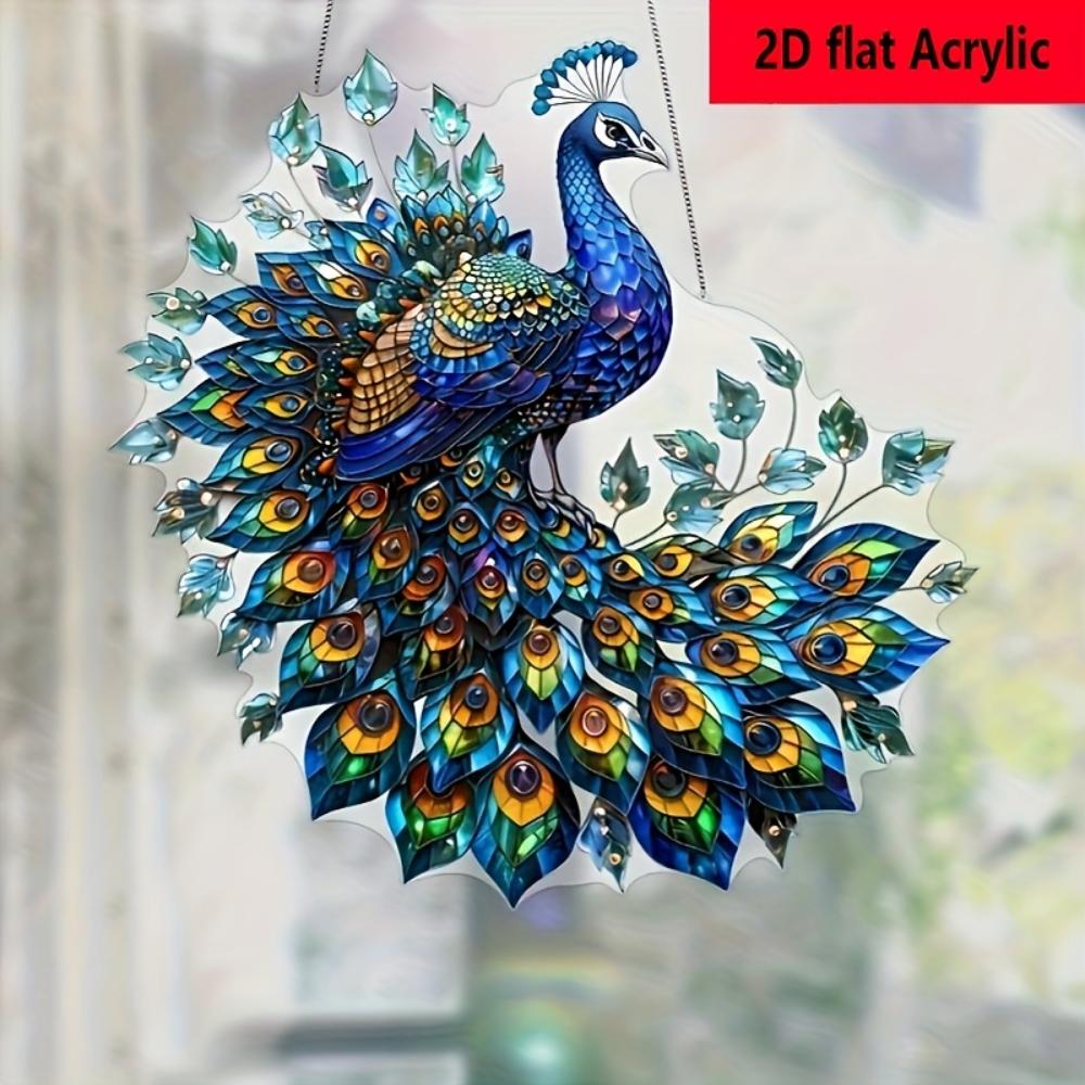2D Graphic Art Revival Crystal Peacock Decorative Pendant Sun Catcher - Animal-themed Hanging Decoration for Home, Office, Garden, Patio Decoration