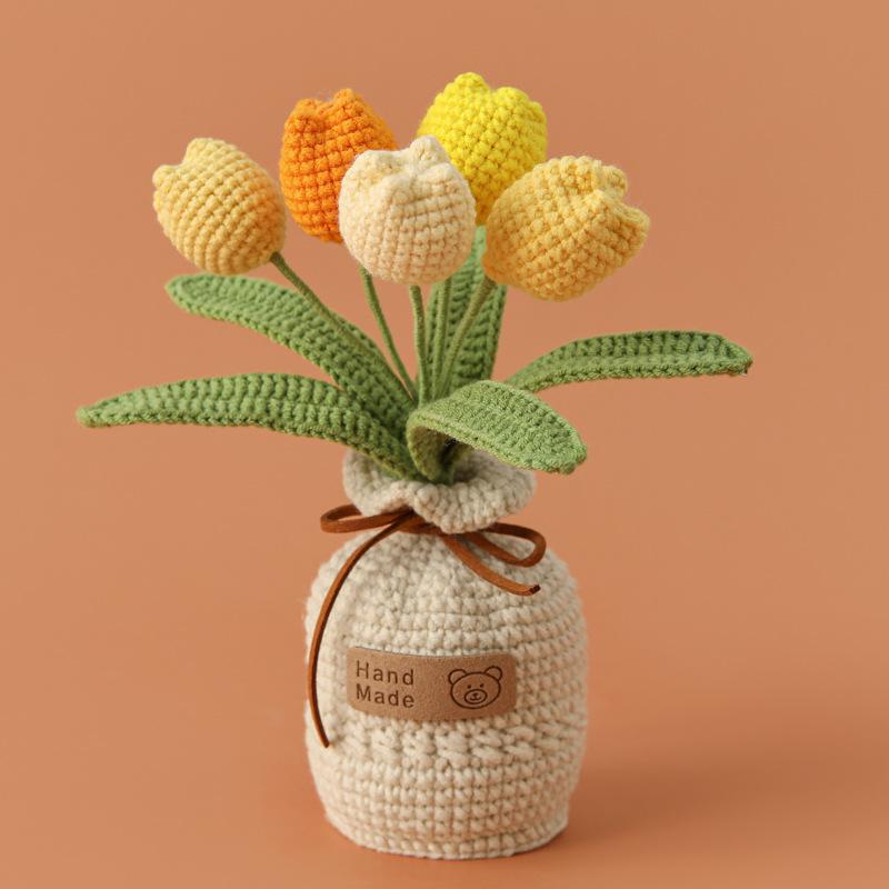 2025 Tulips Crochet Flowers with Kintted Potted Kinttted Sunflower Pot Desk Accessories Handwoven Plant Pot Home Decor Gift