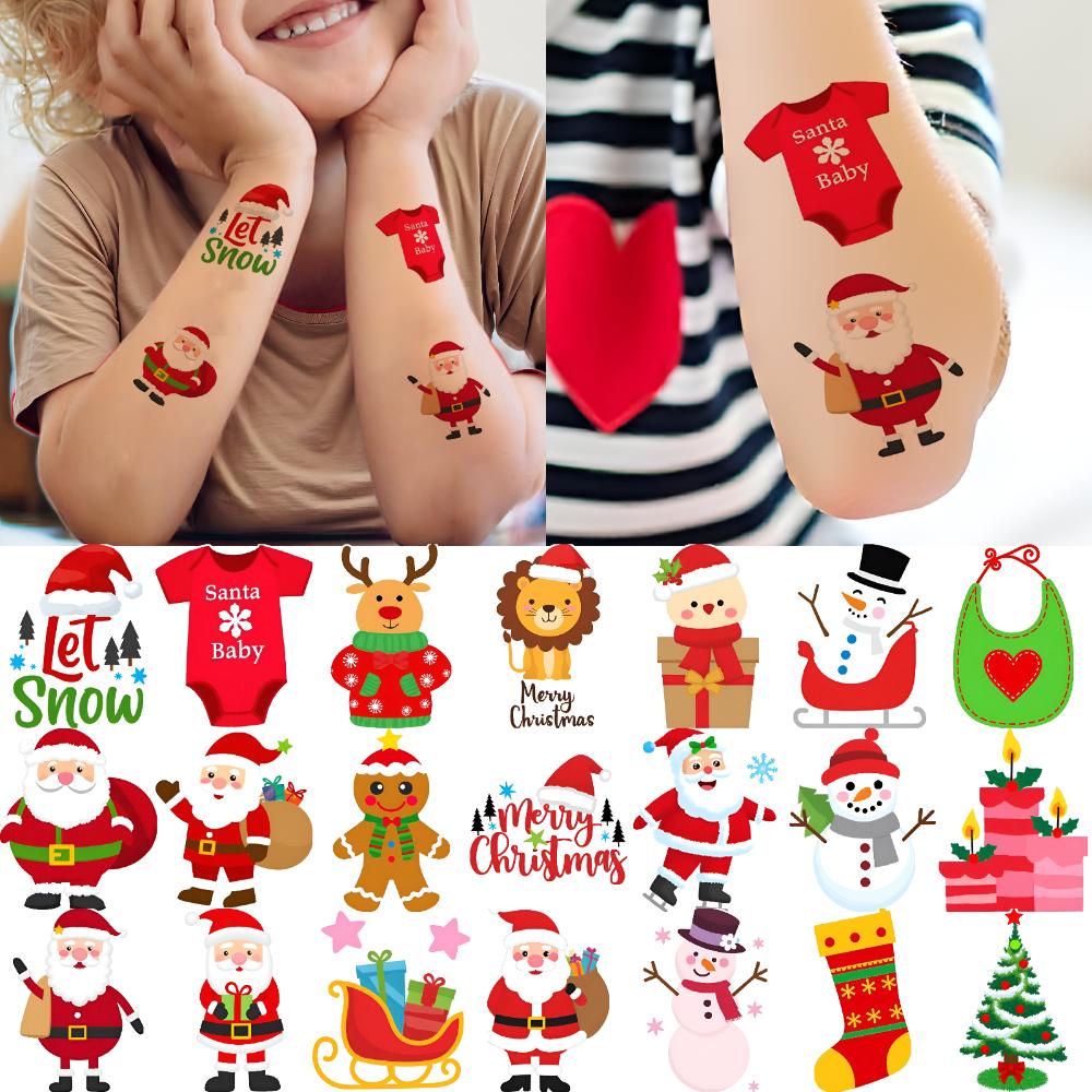 63pcs Temporary Tattoo Christmas Gifts Temporary Tattoo Stickers Penguin Santa Claus Cartoon Elf For Children Shoulders Girls