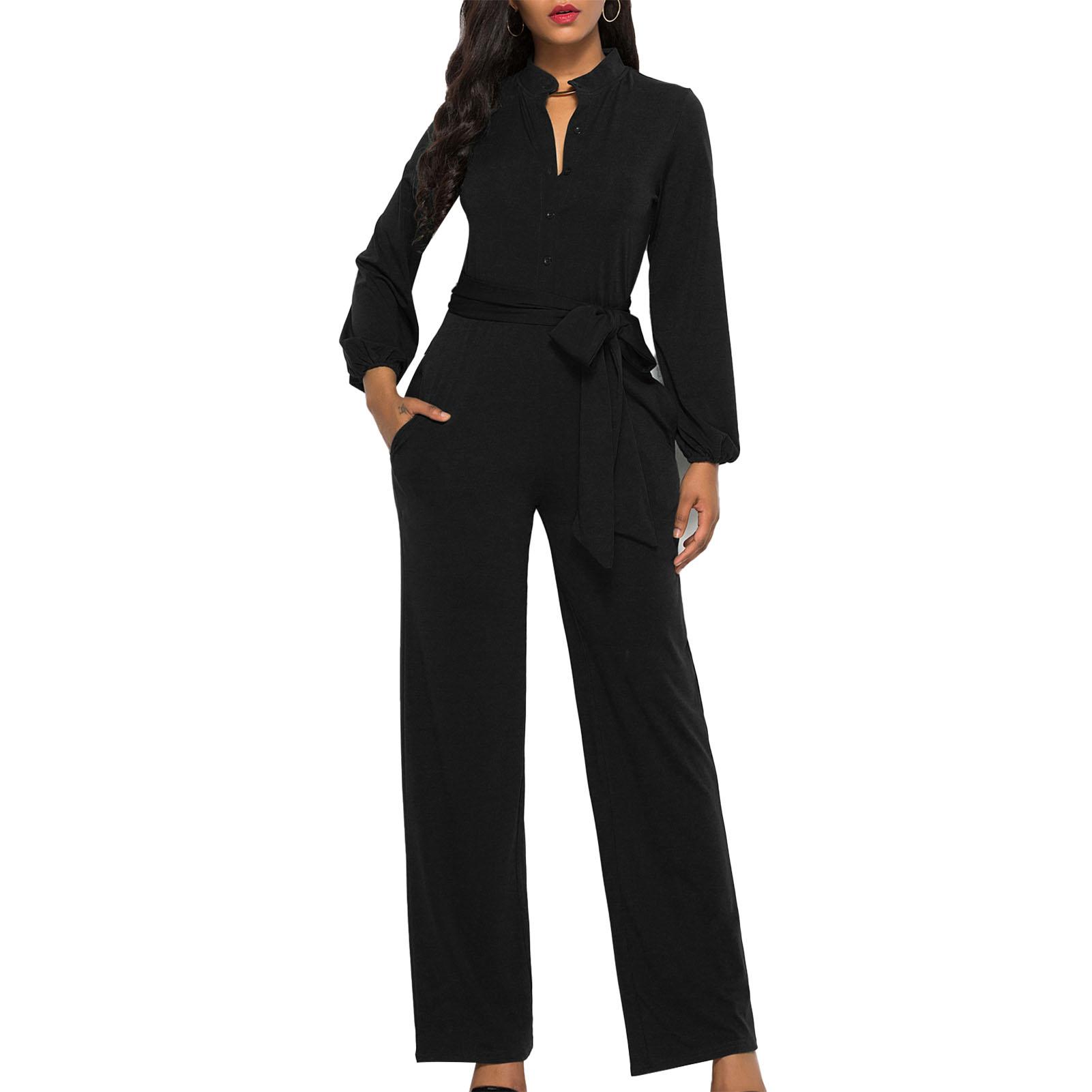 

Комбинезон с широкими рукавами, повседневный, с высокой талией, однобортный, с круглым вырезом и карманами, формальный M чёрный