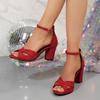 Damen Sandalen Peep Toe Quadratischer Absatz Flanell Ein-Riemen Schnalle Schuhe Damen Kleid Römisch Retro 7.5cm Absatz Hoch Sandalias De Mujer