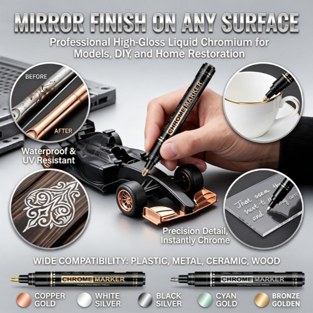 Chrome Markers Mirror Effect Paint Pen 2.8Mm Medium Tip Waterproof Liquid Chrome Marker For Plastic Metal Glass Wood Car Model