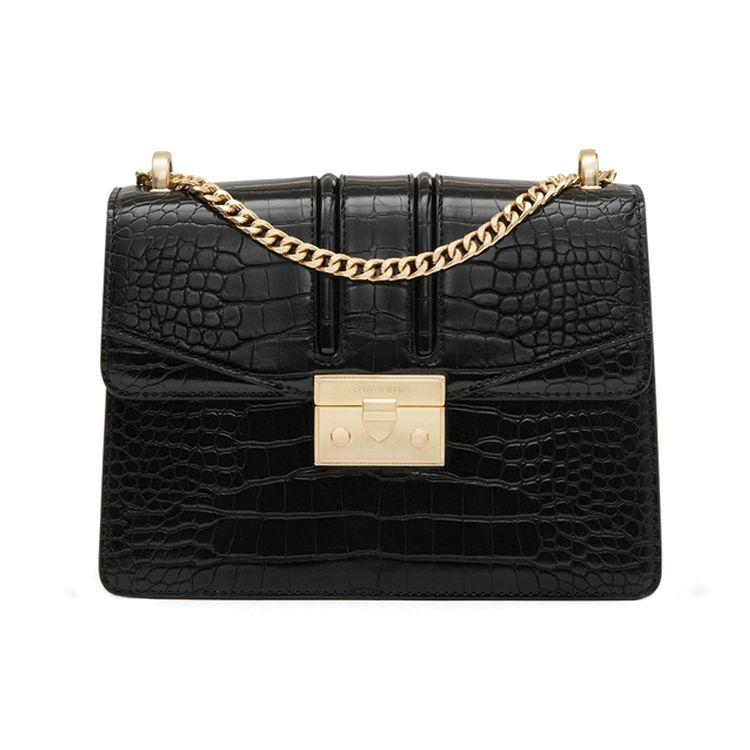 Charles & Keith Chain Flap Crocodile Pattern Polyurethane Crossbody Bag Women Shoulder Bag Black CK2-21200002-4