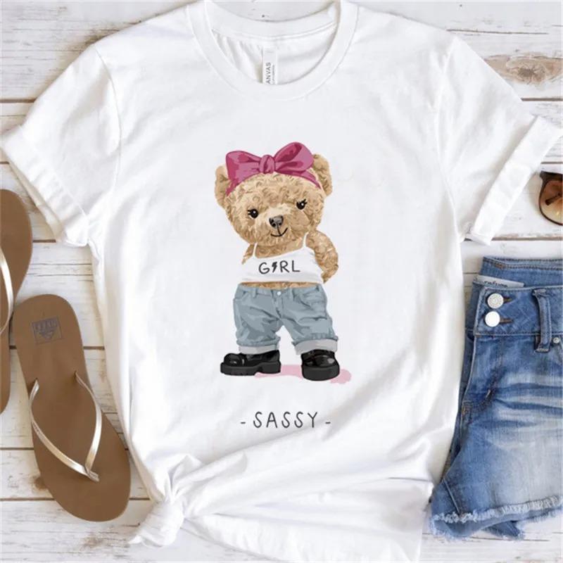 Cute Bear Print Shirts White Fashion Women T-Shirts Harajuku Kawaii Clothes Short Sleeve Summer Tees Casual Female Tops O-Neck
