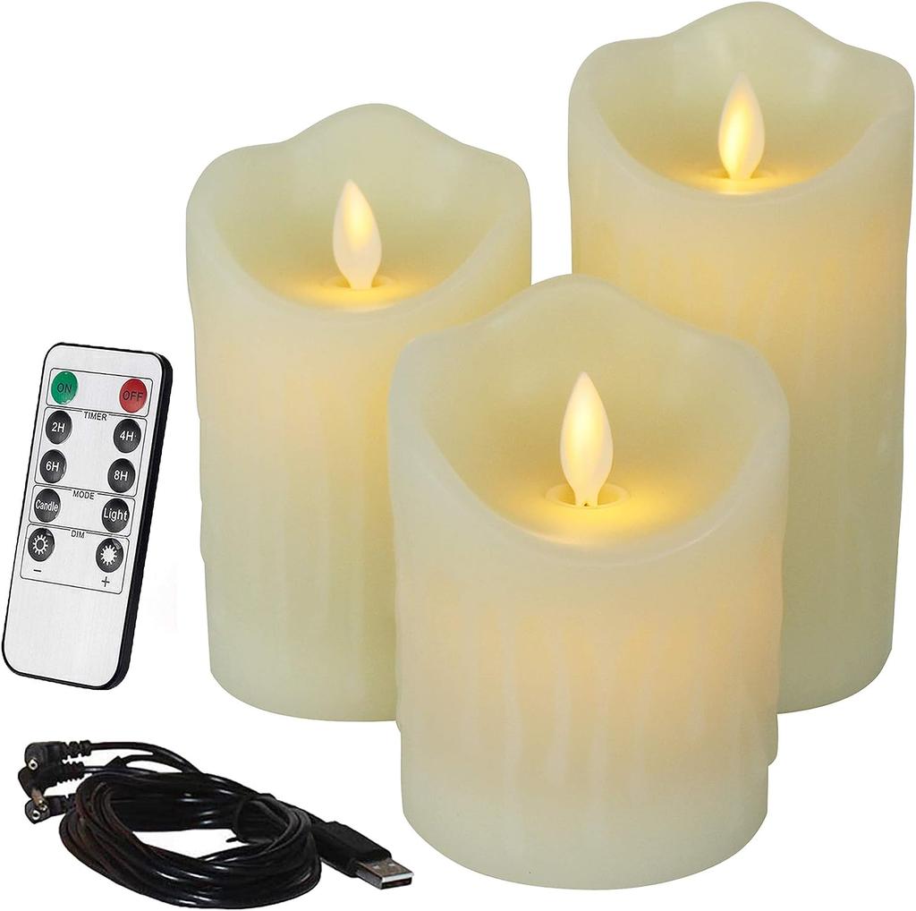 USB Rechargeable Flickering Paraffin Candle Flickering Pillar Tear Candle Remote control w/timer Moving wick Dripping wax f/Home