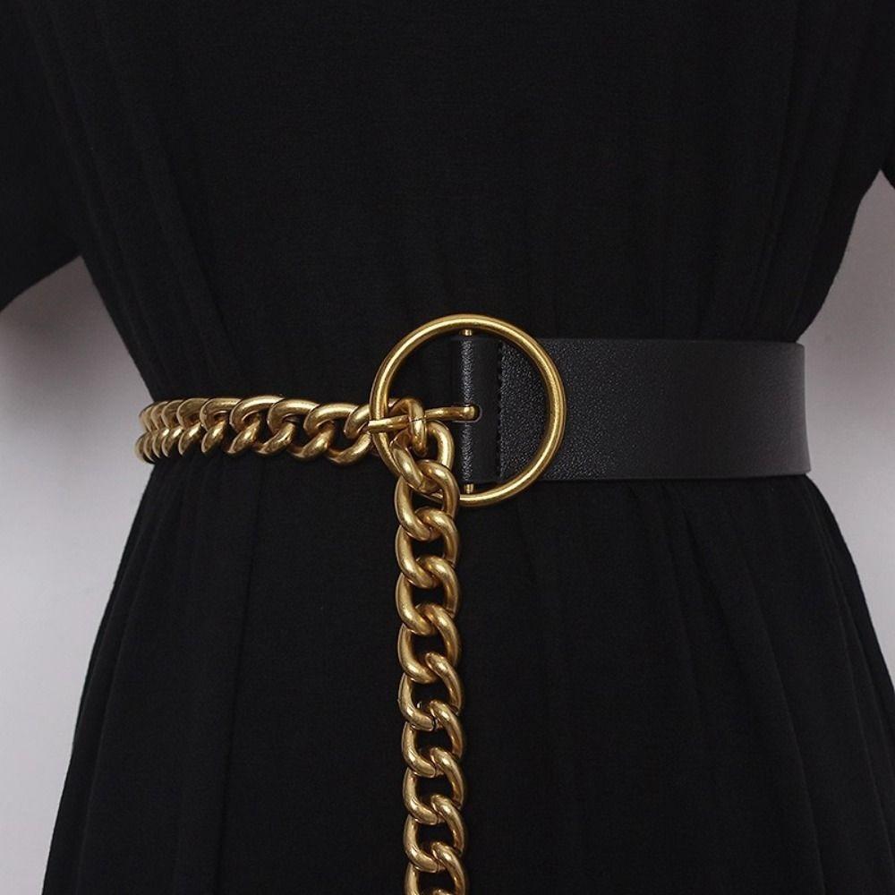 Slim Side PU Leather Belt Metal Buckle Dress Chain Retro Thin Waist Chain  Waist Accessories