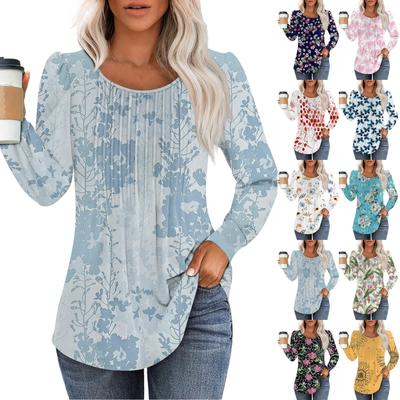Long Sleeve Shirts For Women Cute Print Graphic Tees Blouses Dressy Casual Blouses Pleated Scooped Neck Tunic Tops