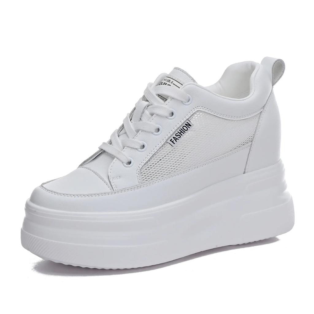 Fashion 10CM Genuine Leather Women Shoes White Platform Wedge Sneakers Women Summer Shoes Zapatos De Mujer Zapatos