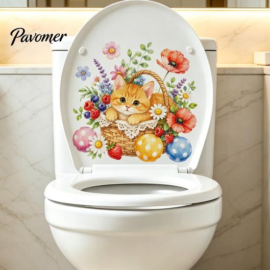 Decorative Stickers for Ceramic Tiles Cute Kitten Flower Basket Toilet Seat Sticker, Waterproof Lid Tank Wall Decals, Self-Adhesive PVC Bathroom