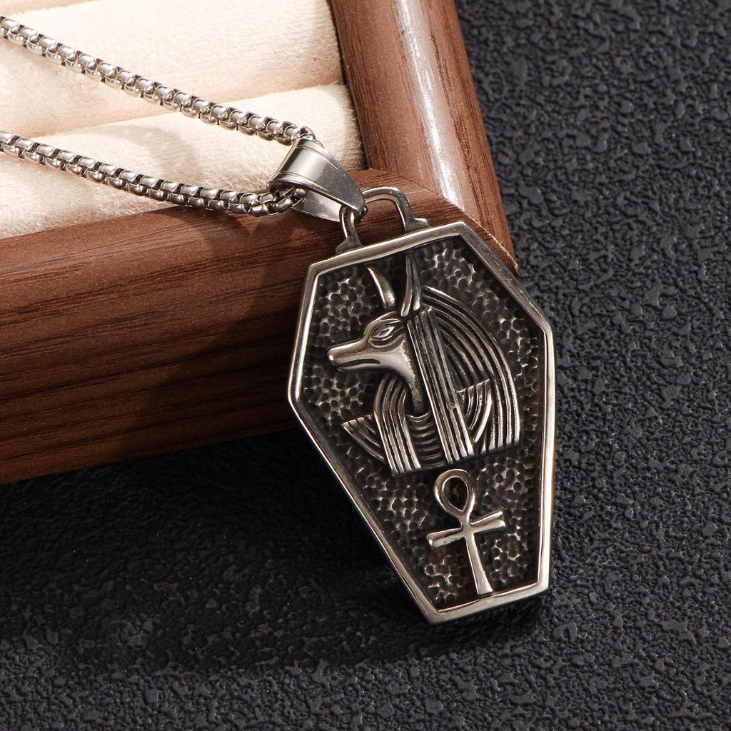 Men's Vintage Anubis Pendant Necklace with Stainless Steel Sarcophagus Design and Long Box Chain