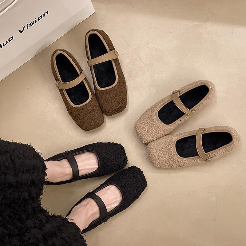 Autumn Winter French RetroTeddy Fur Mary Jane Women's Fur Flat Shoes Outerwear Simple and Fashionable Square Head Soft Loafers