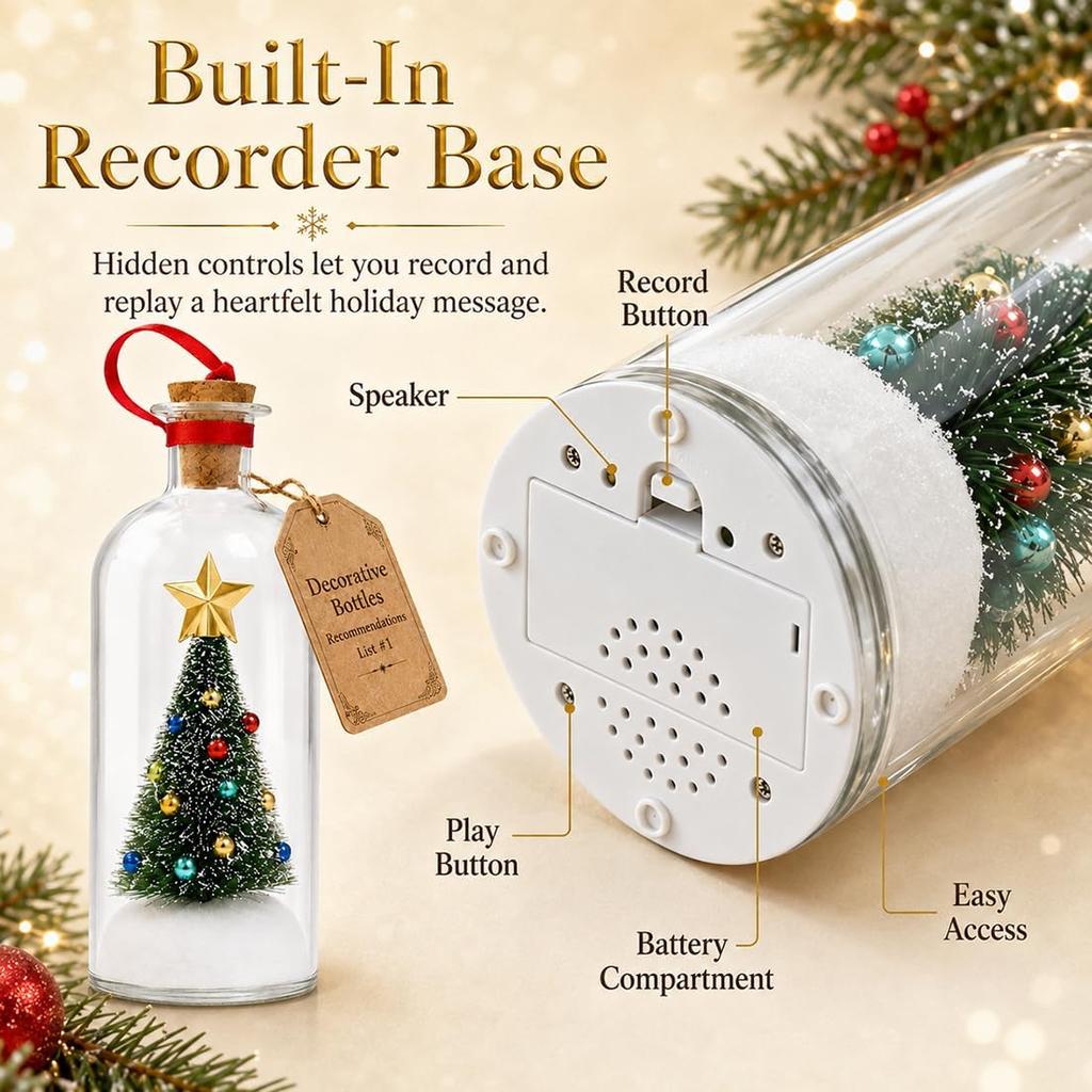 Recordable Christmas Tree In a Bottle Ornament,30-Second Voice Recording Keepsake with Snowy Mini Trees,Glass Holiday Decoration for Mantel