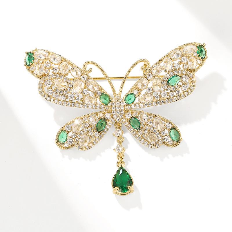 European-American High-End Zirconia Butterfly Brooch with Emerald Water Drop Tassel