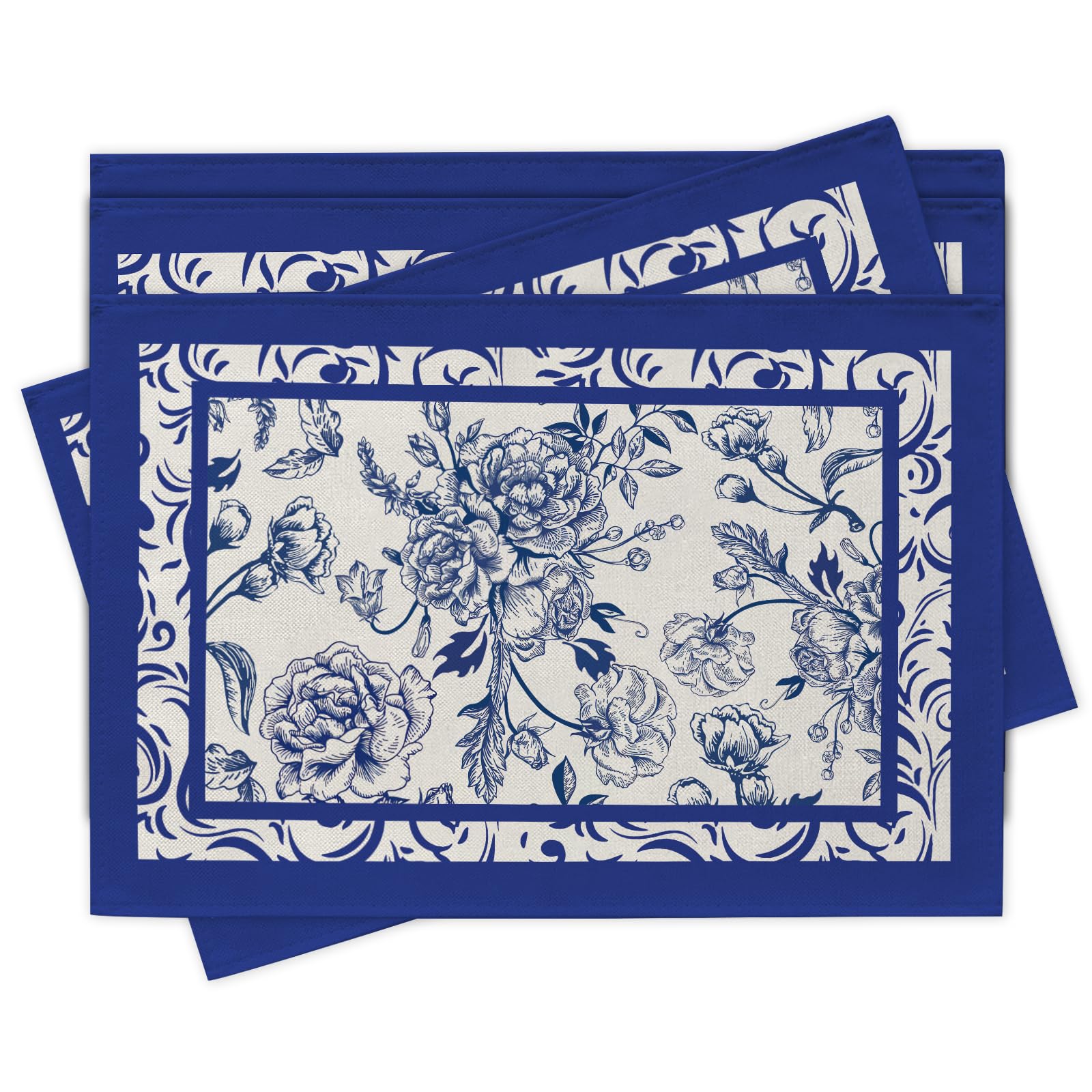 

Blue White Flower Chinoiserie Placemats Set of 4, Vintage Peony Floral Dining Place Mats Table Decor, Spring Summer Home Kitchen Decoration 12 x 18 In 4Pcs-12 X18