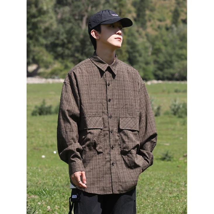 Brushed Plaid Shirt Coat Men's Spring and Autumn Long-Sleeved Korean Style Trendy Loose and Lazy Style Boys Retro Outerwear Shirt