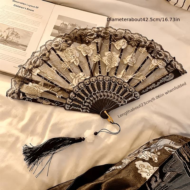 

1PC New Folding Fan New Chinese Lace Rose Fan Female Summer Folding Fan Dance Antique Folding чорний