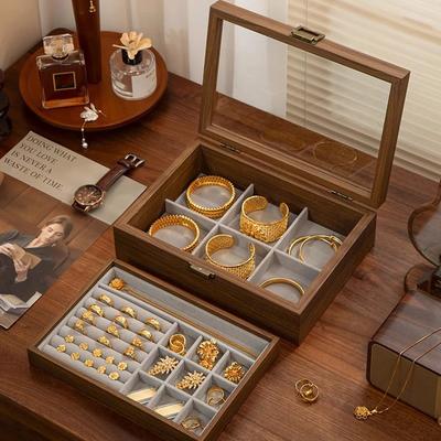 Walnussfarbe doppelstöckige Schmuckschatulle Halsketten Ohrringe Schatulle Deckel Tragen Oxid Schmuck zarte Massivholz Schmuckschatulle