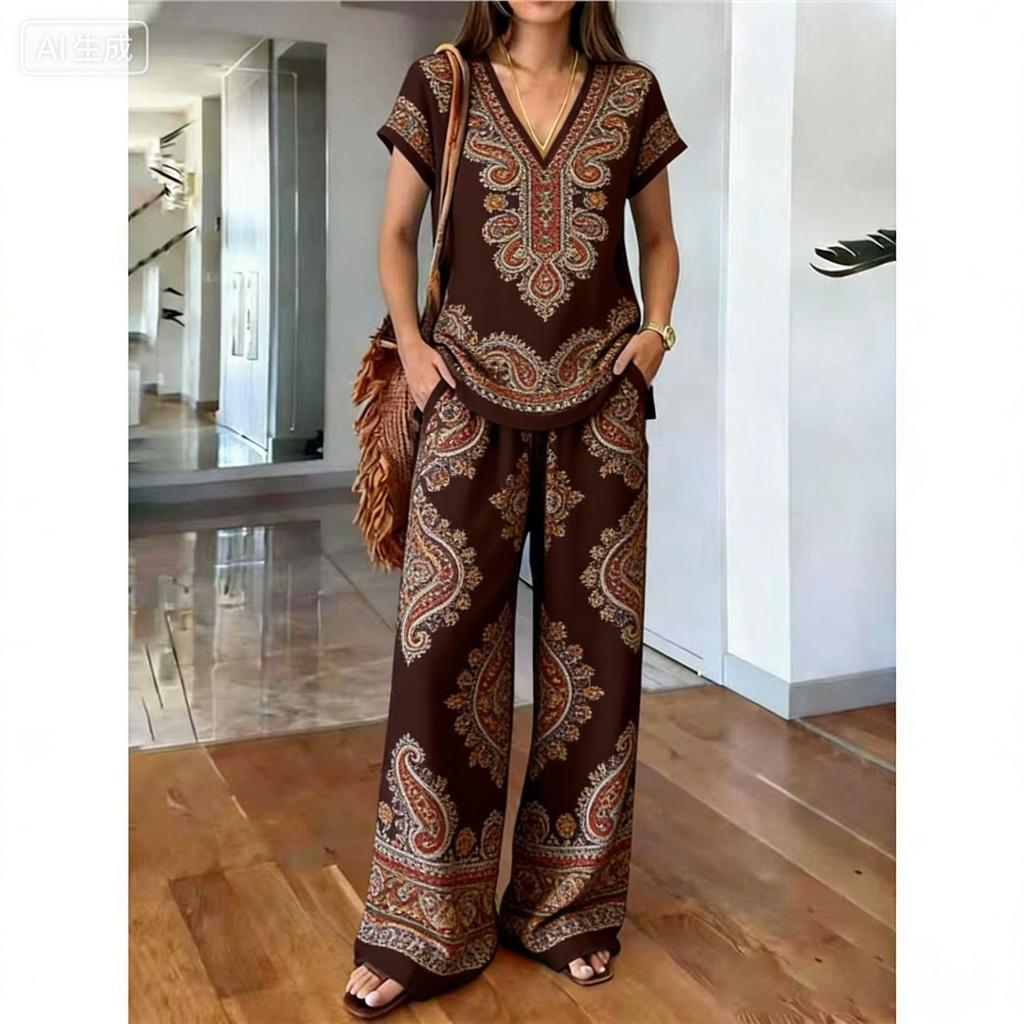 1116 New Light Luxury European and American Style Printed Two-piece Set, Printed Top, Comfortable Elastic Wide-leg Pants Women's Suit