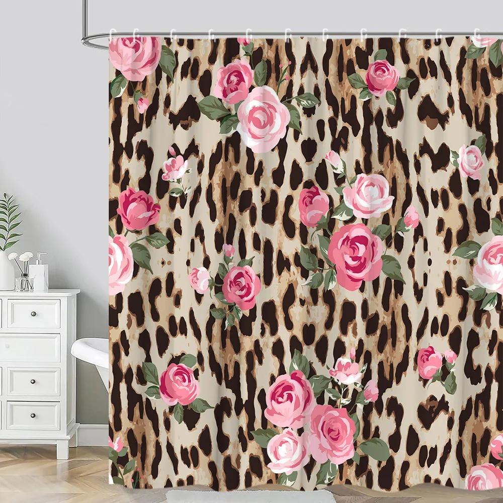 Leopard Textured Shower Curtain, Vintage Striped Brown Floral Creative Geometric Modern Plants Polyester Bathroom Decor Curtain