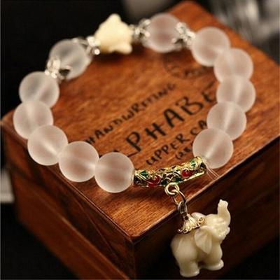 Women Vintage Frosted Bead Bracelet Cute Elephant Pendant Korean Style Bangle