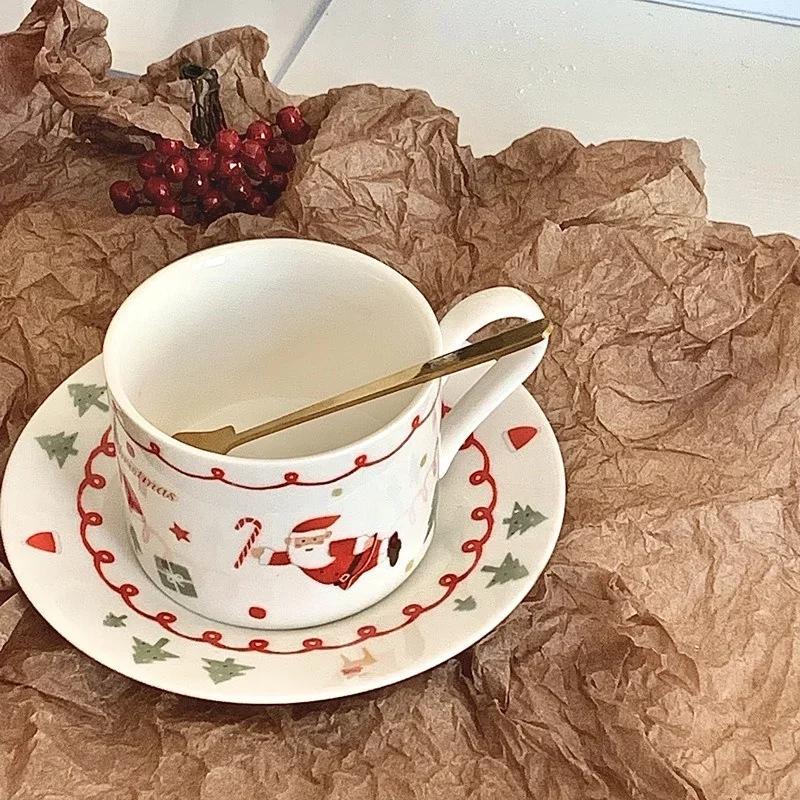 Christmas Ceramic Coffee Cup Saucer 8-inch Plate Hand-painted Cartoon Santa Claus Home Breakfast Milk Cup Fruit Dessert Plate