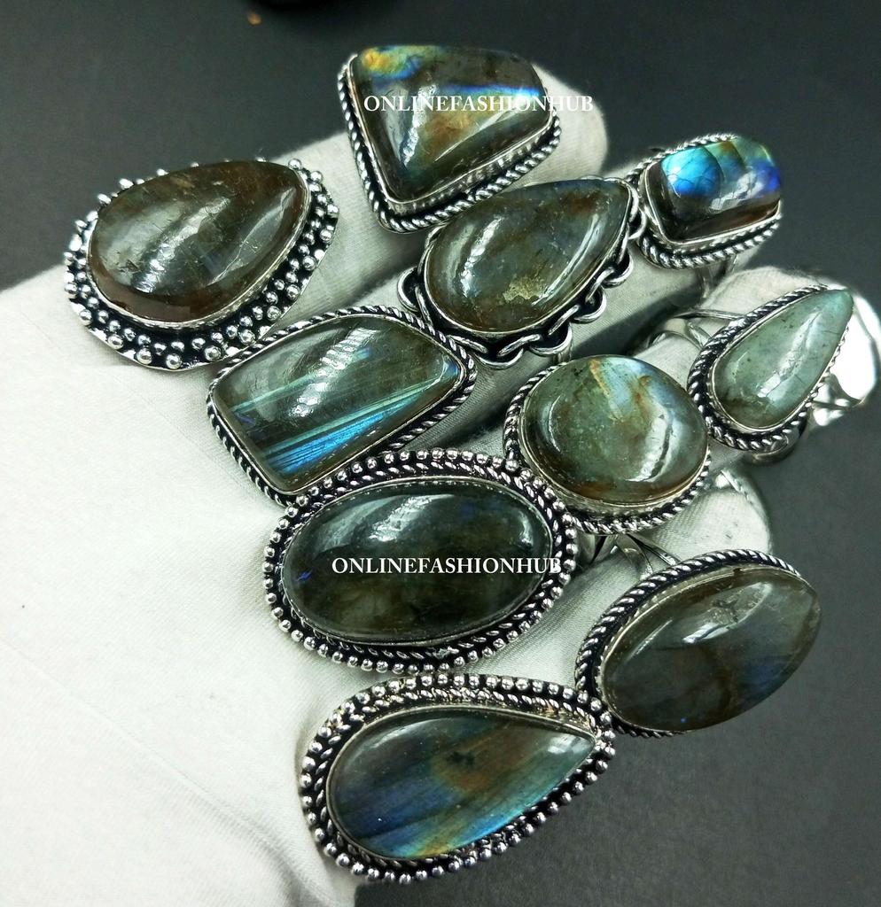 Lot De Bijoux Plaqué Argent 925 - Bagues Avec Pierres Précieuses - Gros/wholesale - Neuf Fabriqué En Inde
