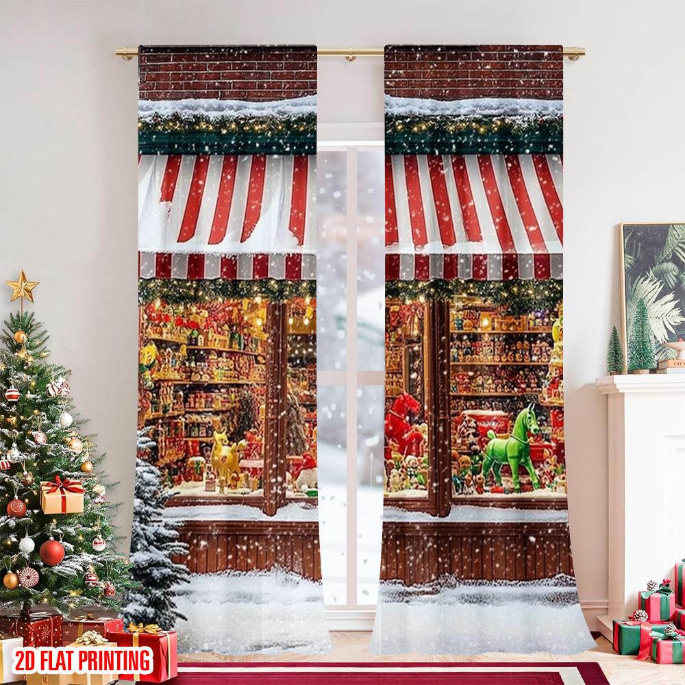 Set Of 2 Flat Printing Merry Christmas Popular Window Drapes Durable Polyester Without Electricity Spring Perfect Curtain Made
