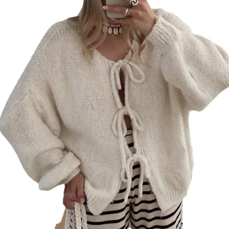 Women S V Neck Knit Cardigan Sweater Solid Color Loose Fit Casual Autumn Winter