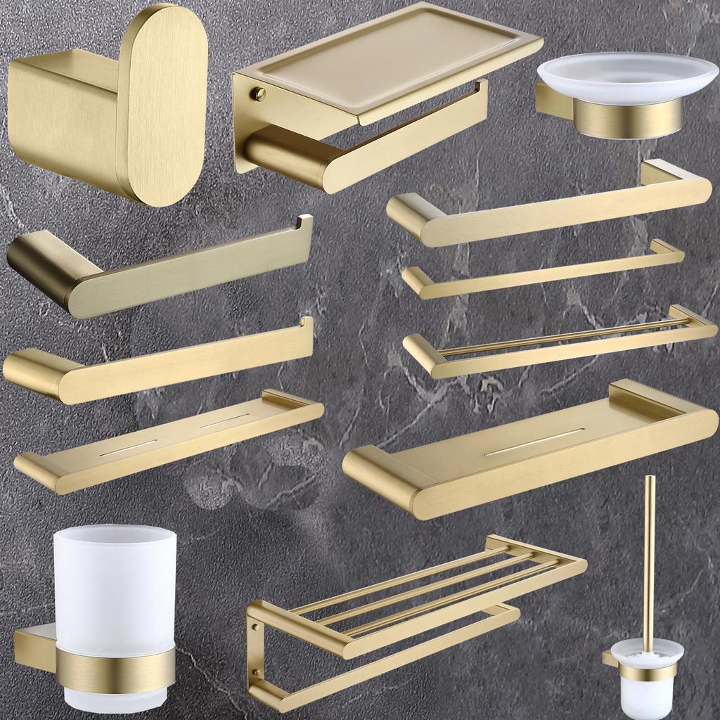 Brushed Gold Bathroom Towel Rack and Shelf Set
