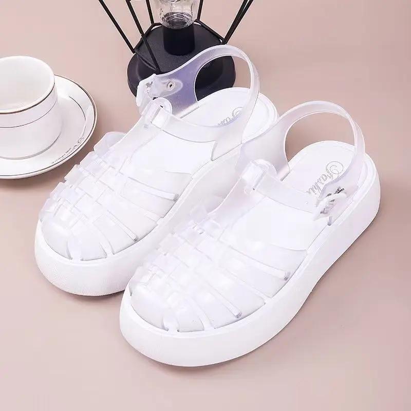 Fashion Women's New Thick Soled Jelly Sandals 2025 Summer Fashion Multifunctional Woven Hollow Flat Roman Shoes Women's Platform Sandals