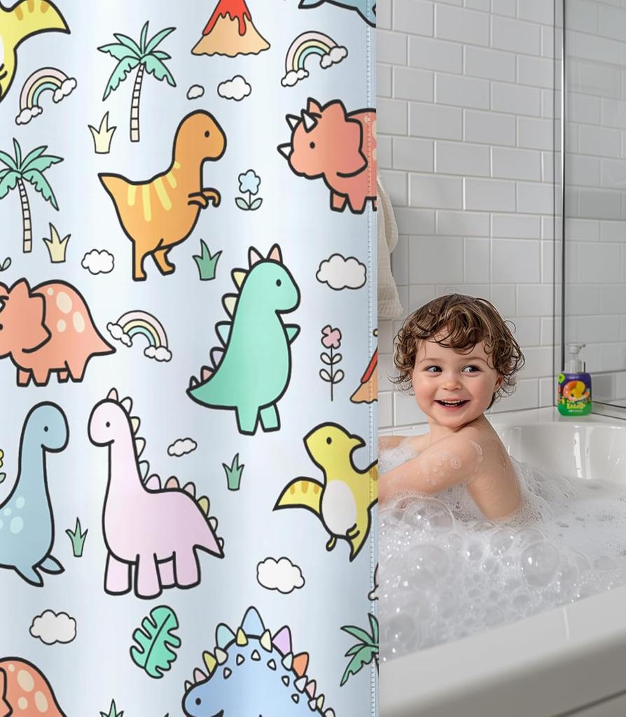 Cute Dinosaur Pattern Polyester Shower Curtain 180X180Cm - Waterproof Kids Bathroom Decor With Hooks For Home Textiles